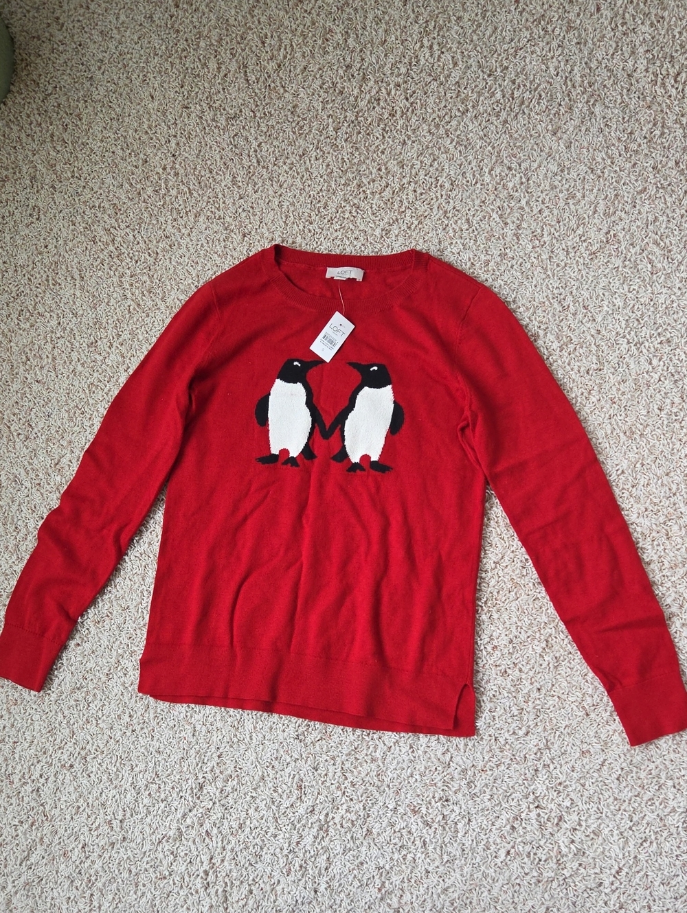 Loft Red Penguin Intarsia Crewneck Sweater